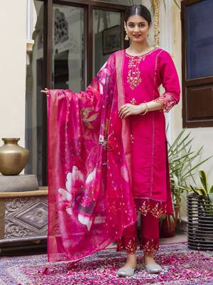 Pink embroidered viscose roman silk kurta sets 1