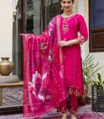 Pink embroidered viscose roman silk kurta sets