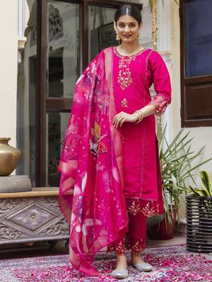 Pink embroidered viscose roman silk kurta sets 3