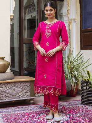 Pink embroidered viscose roman silk kurta sets 4