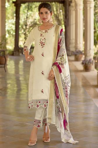 White embroidered viscose roman silk kurta sets