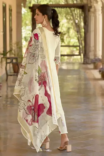 White embroidered viscose roman silk kurta sets