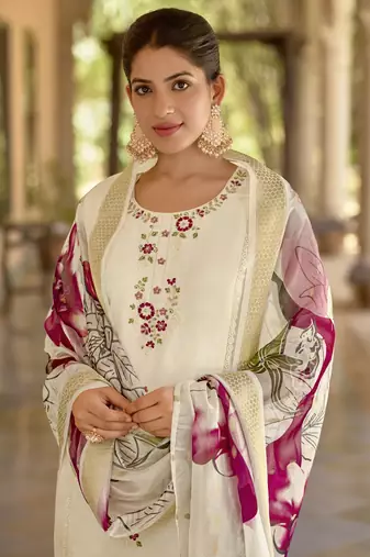 White embroidered viscose roman silk kurta sets