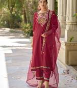 Maroon embroidered viscose rayon kurta sets