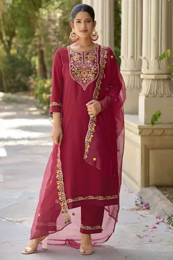 Maroon embroidered viscose rayon kurta sets