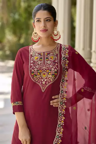 Maroon embroidered viscose rayon kurta sets