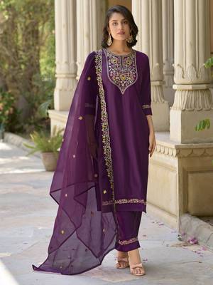 Purple embroidered viscose rayon kurta sets 2