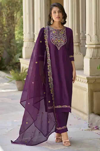Purple embroidered viscose rayon kurta sets