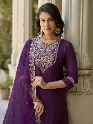 Purple embroidered viscose rayon kurta sets 4