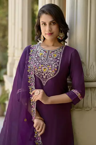 Purple embroidered viscose rayon kurta sets