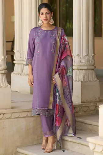 Lavender embroidered viscose roman silk kurta sets