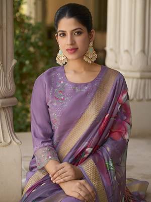 Lavender embroidered viscose roman silk kurta sets 3
