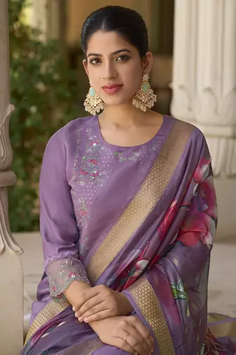Lavender embroidered viscose roman silk kurta sets