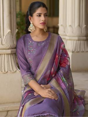 Lavender embroidered viscose roman silk kurta sets 4