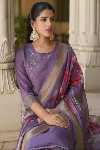 Lavender embroidered viscose roman silk kurta sets
