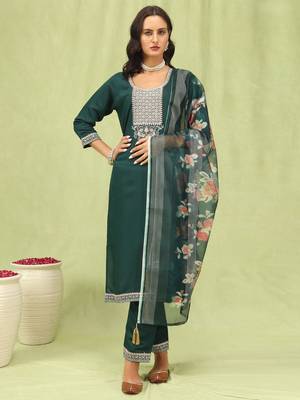 Green embroidered viscose roman silk kurta sets 1