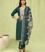 Green embroidered viscose roman silk kurta sets
