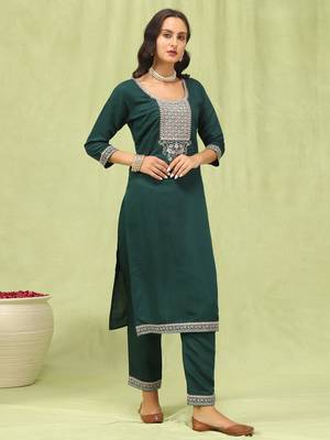 Green embroidered viscose roman silk kurta sets 2
