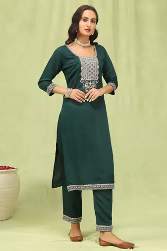 Green embroidered viscose roman silk kurta sets