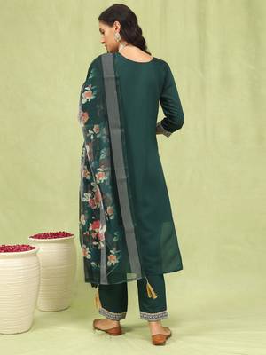 Green embroidered viscose roman silk kurta sets 3