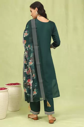 Green embroidered viscose roman silk kurta sets
