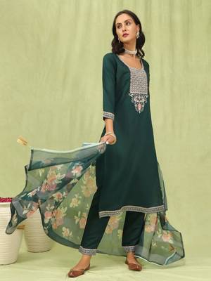 Green embroidered viscose roman silk kurta sets 4