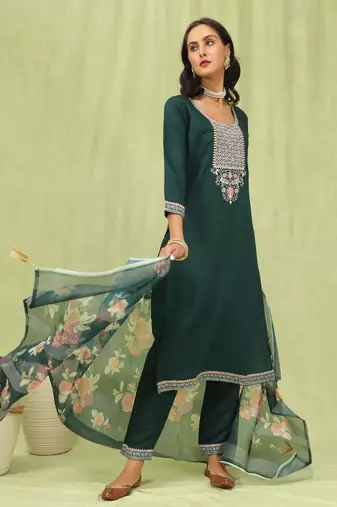 Green embroidered viscose roman silk kurta sets