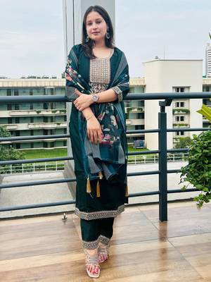 Green embroidered viscose roman silk kurta sets 1