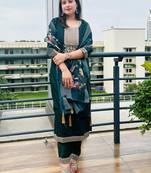 Green embroidered viscose roman silk kurta sets