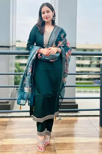 Green embroidered viscose roman silk kurta sets