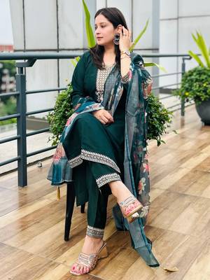 Green embroidered viscose roman silk kurta sets 3