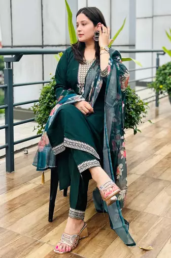 Green embroidered viscose roman silk kurta sets