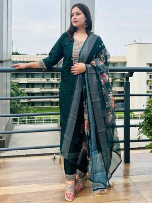 Green embroidered viscose roman silk kurta sets 4