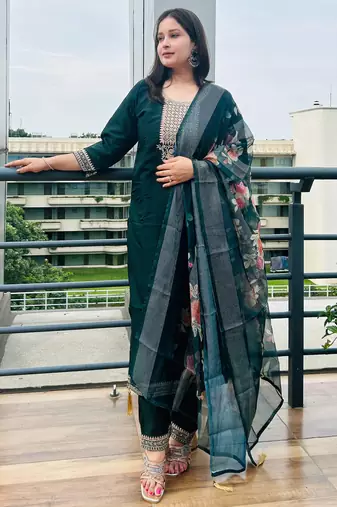 Green embroidered viscose roman silk kurta sets