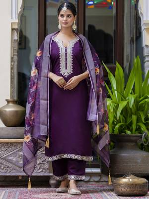 Purple embroidered viscose roman silk kurta sets 1