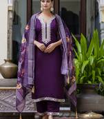 Purple embroidered viscose roman silk kurta sets