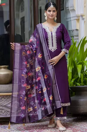 Purple embroidered viscose roman silk kurta sets