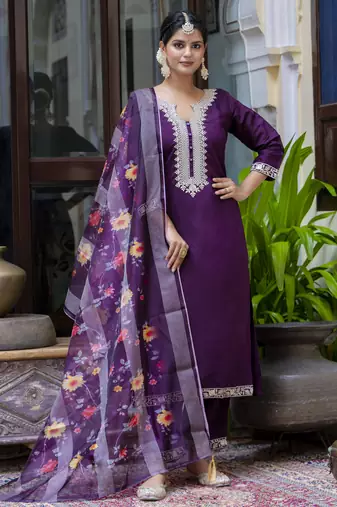 Purple embroidered viscose roman silk kurta sets