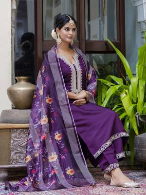 Purple embroidered viscose roman silk kurta sets 4