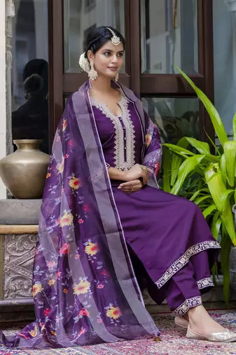 Purple embroidered viscose roman silk kurta sets