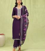 Purple embroidered viscose roman silk kurta sets