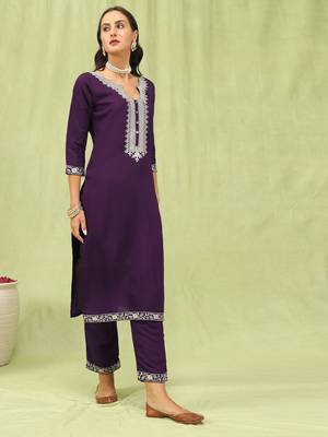 Purple embroidered viscose roman silk kurta sets 2