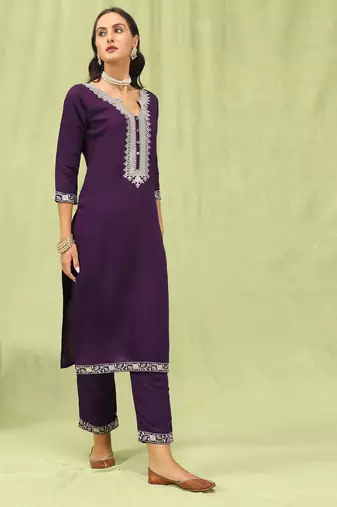 Purple embroidered viscose roman silk kurta sets