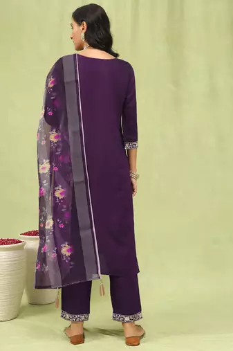Purple embroidered viscose roman silk kurta sets