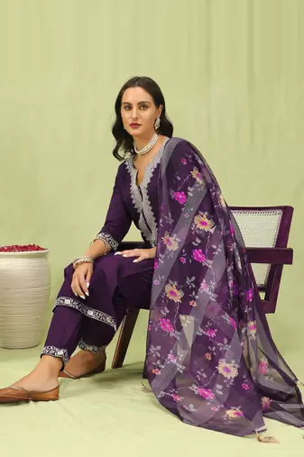 Purple embroidered viscose roman silk kurta sets