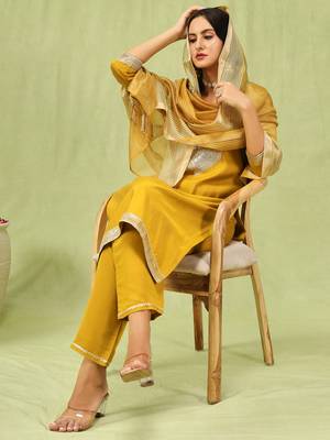 Yellow embroidered viscose roman silk kurta sets 1