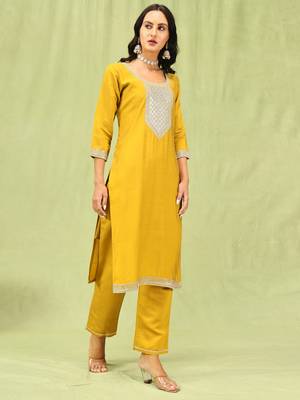 Yellow embroidered viscose roman silk kurta sets 2