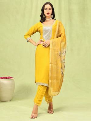 Yellow embroidered viscose roman silk kurta sets 3