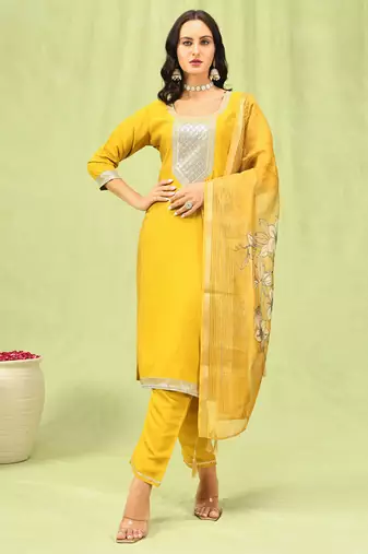 Yellow embroidered viscose roman silk kurta sets