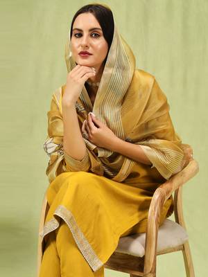 Yellow embroidered viscose roman silk kurta sets 4